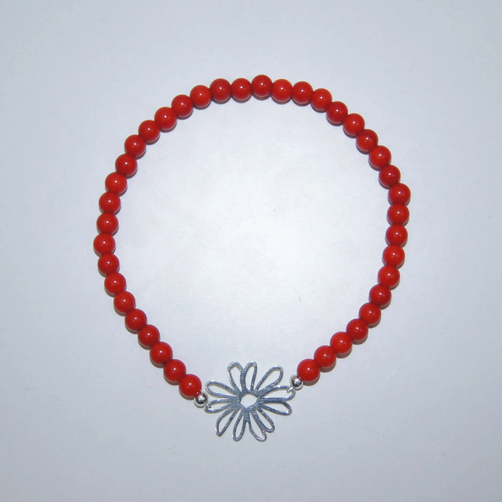 LEÑA Kunsthandwerk Koralle-Perlen Armband mit Silber (925) Blumen-Charm, Größen 13–20 cm, Made in Austria