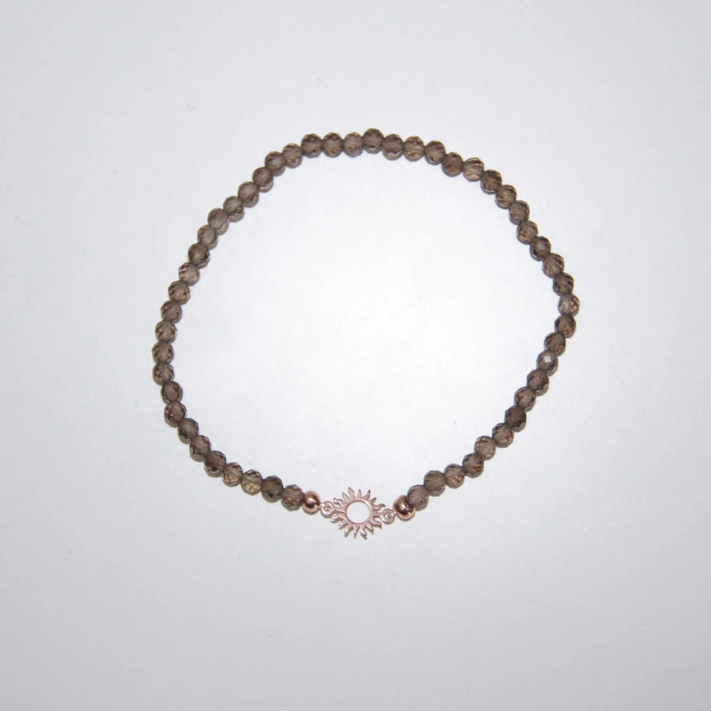 Rauchquarz-Perlenarmband von LEÑA Kunsthandwerk mit rose vergoldetem Silber Sonnen-Charm, Made in Austria