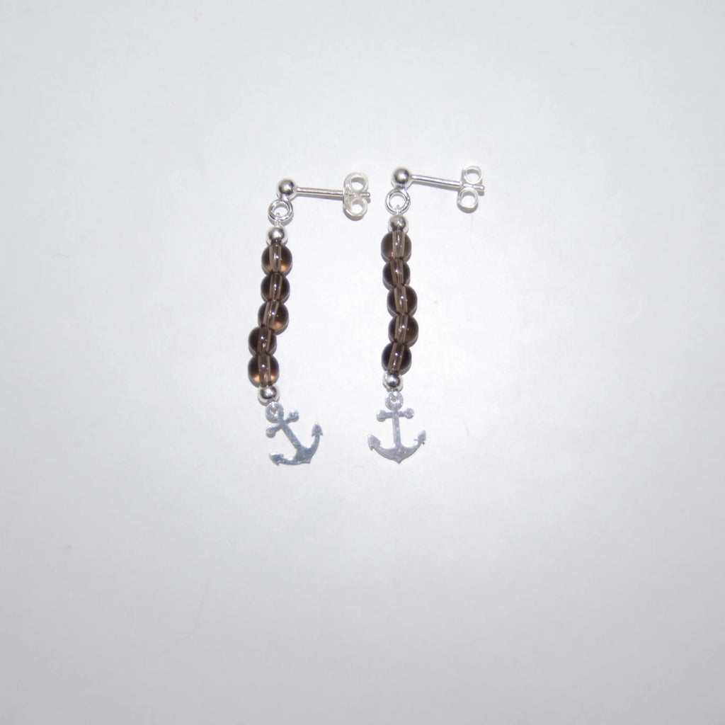 LEÑA Kunsthandwerk Ohrringe mit Rauchquarz-Perlen und Silber-Anker-Charms, Made in Austria